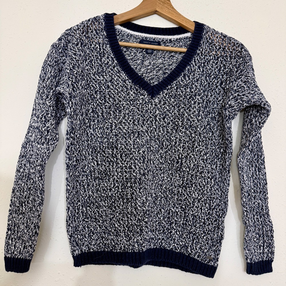 Tommy Hilfiger‎ Women's V Neck Speckled Knit Sweater Navy White Size S